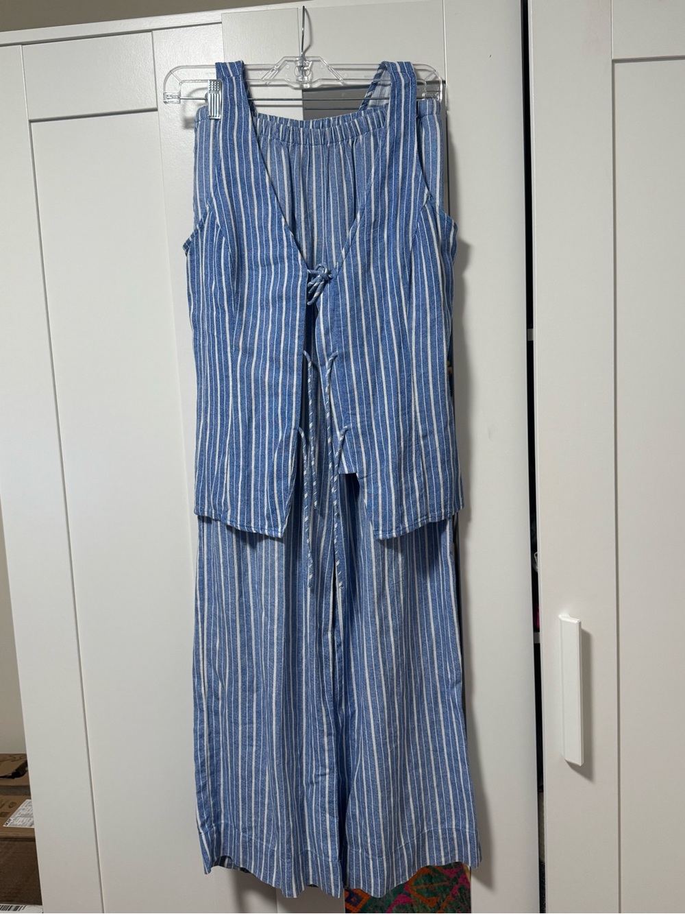 Striped Blue Wide-Leg matching set with Tie Front